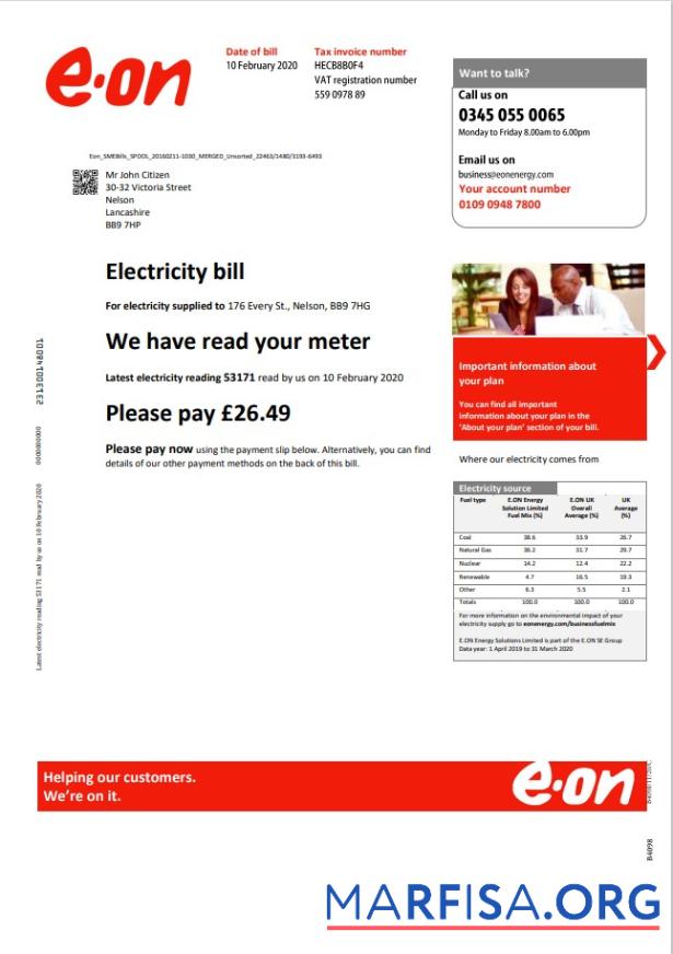 Downloadable United Kingdom E.ON utility bill template in Word and PDF format, version 3 1